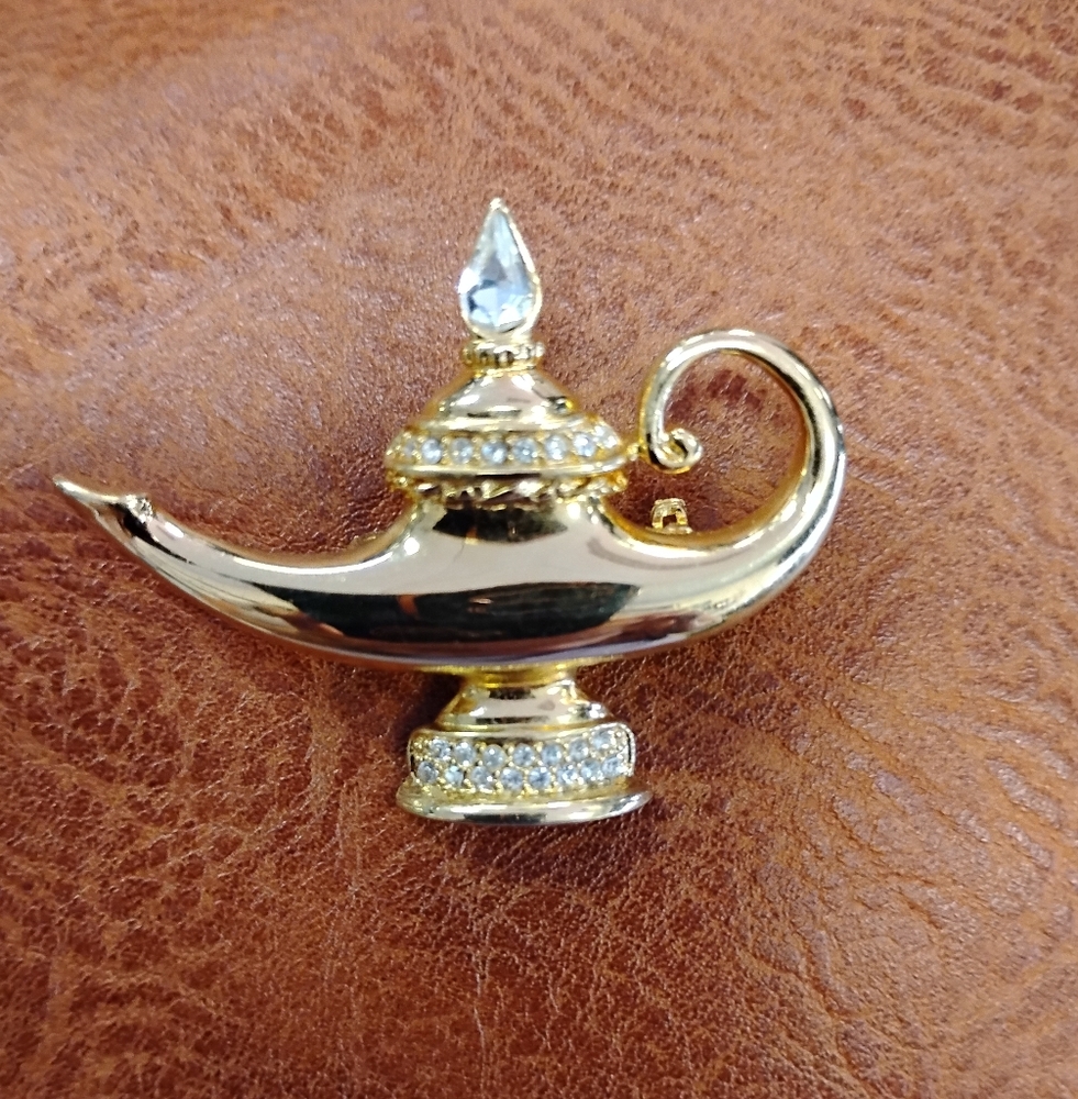 Gold Genie Lamp Brooch with Crystal Accents